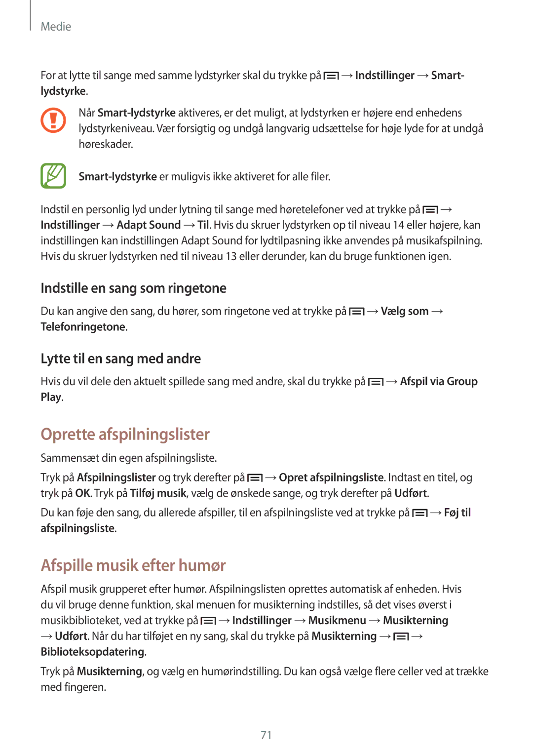 Samsung SM-G7105ZIANEE manual Oprette afspilningslister, Afspille musik efter humør, Indstille en sang som ringetone 