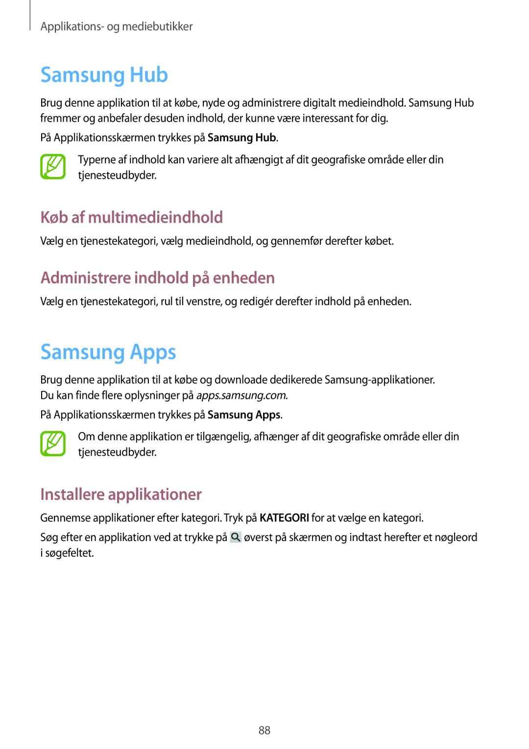 Samsung SM-G7105ZBANEE manual Samsung Hub, Samsung Apps, Køb af multimedieindhold, Administrere indhold på enheden 