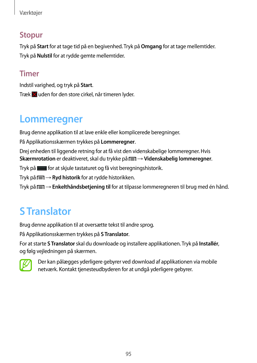 Samsung SM-G7105ZIANEE, SM-G7105ZBANEE, SM-G7105ZKANEE, SM-G7105ZWANEE manual Lommeregner, Translator, Stopur, Timer 