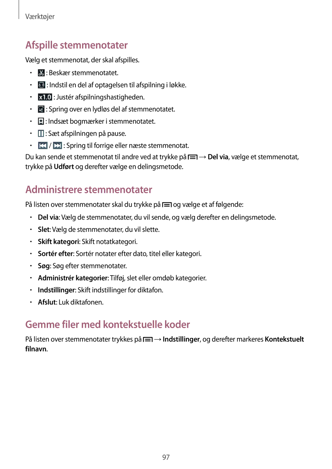 Samsung SM-G7105ZKANEE manual Afspille stemmenotater, Administrere stemmenotater, Gemme filer med kontekstuelle koder 