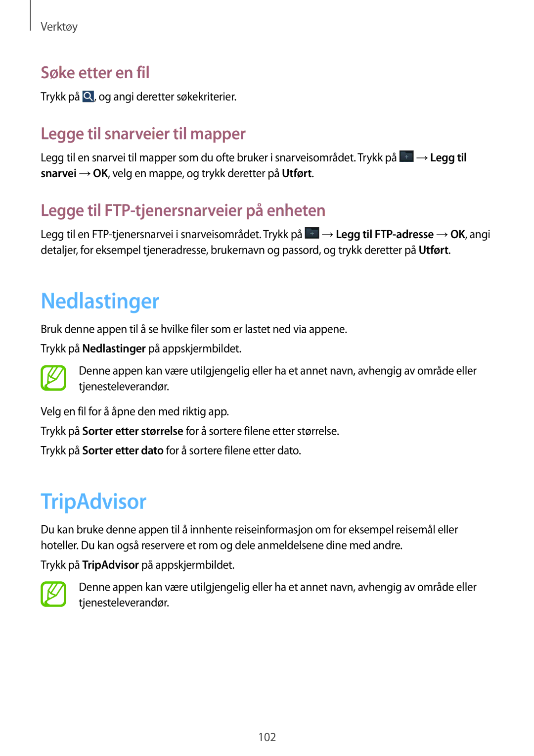 Samsung SM-G7105ZWANEE, SM-G7105ZBANEE manual Nedlastinger, TripAdvisor, Søke etter en fil, Legge til snarveier til mapper 