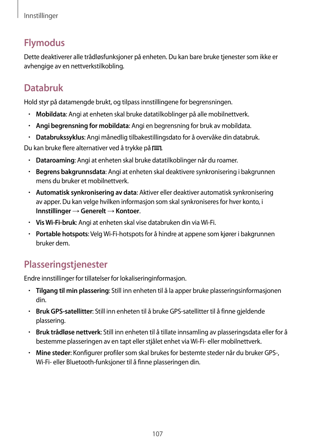 Samsung SM-G7105ZIANEE, SM-G7105ZBANEE, SM-G7105ZKANEE, SM-G7105ZWANEE manual Flymodus, Databruk, Plasseringstjenester 