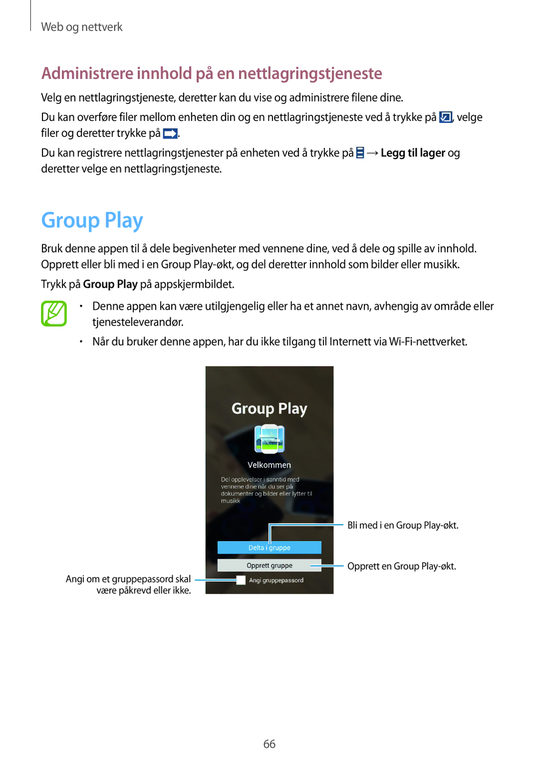 Samsung SM-G7105ZWANEE, SM-G7105ZBANEE, SM-G7105ZKANEE manual Group Play, Administrere innhold på en nettlagringstjeneste 