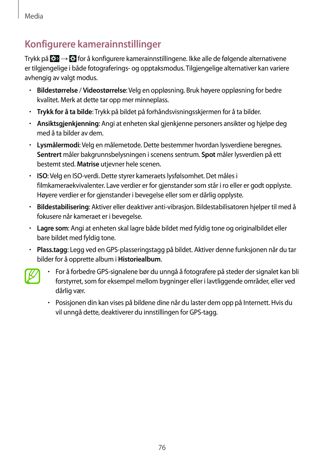 Samsung SM-G7105ZBANEE, SM-G7105ZKANEE, SM-G7105ZWANEE, SM-G7105ZIANEE manual Konfigurere kamerainnstillinger 