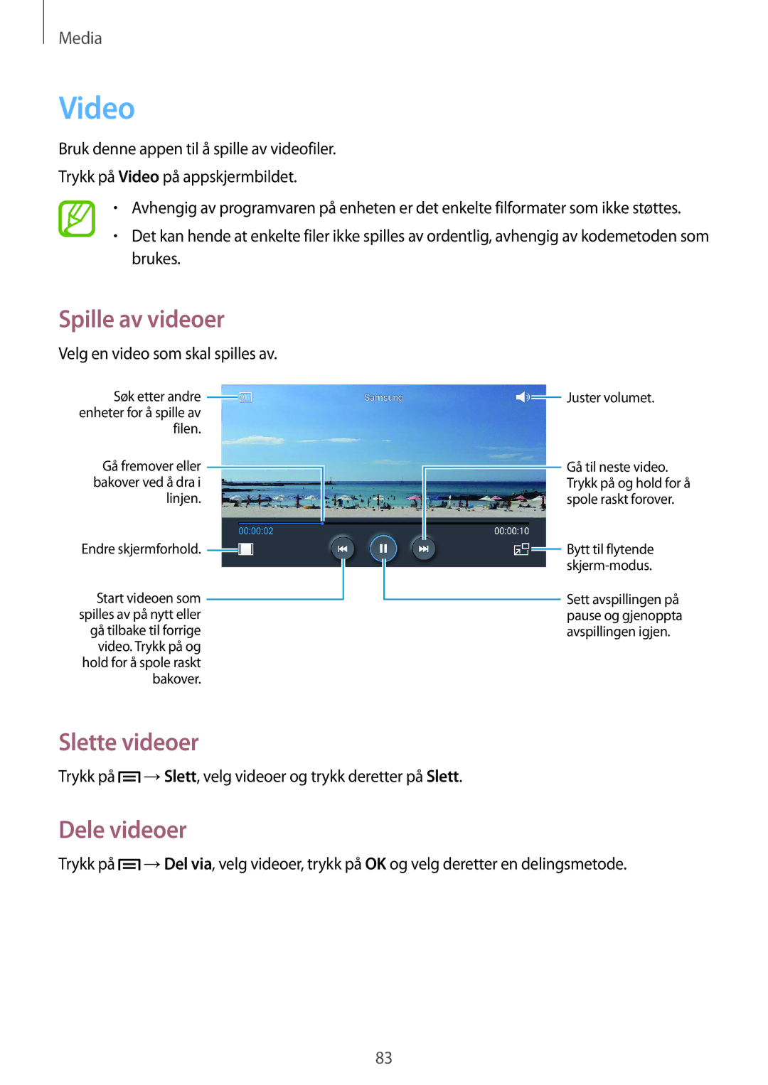 Samsung SM-G7105ZIANEE, SM-G7105ZBANEE manual Video, Slette videoer, Dele videoer, Velg en video som skal spilles av 