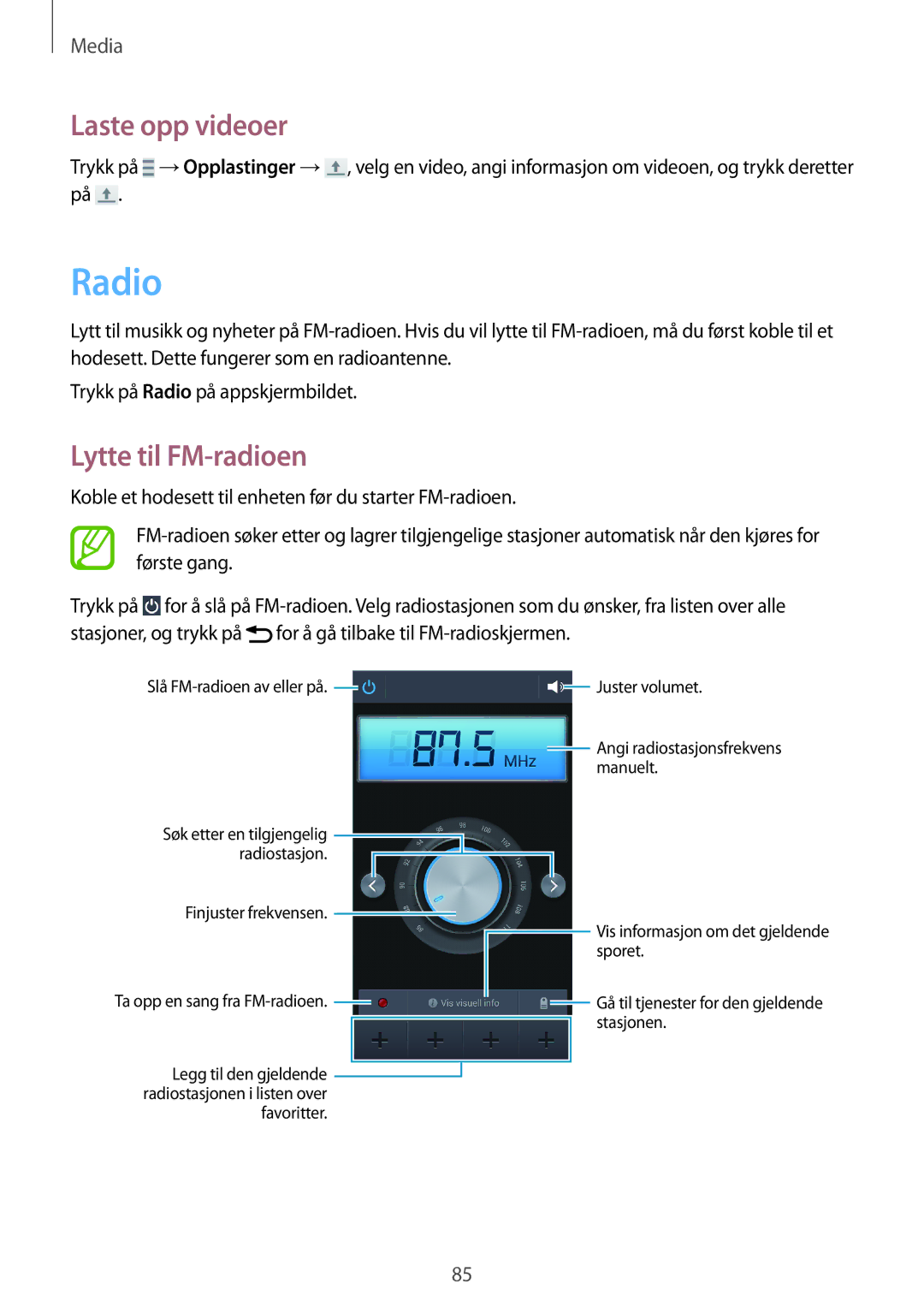Samsung SM-G7105ZKANEE, SM-G7105ZBANEE, SM-G7105ZWANEE, SM-G7105ZIANEE manual Radio, Laste opp videoer, Lytte til FM-radioen 