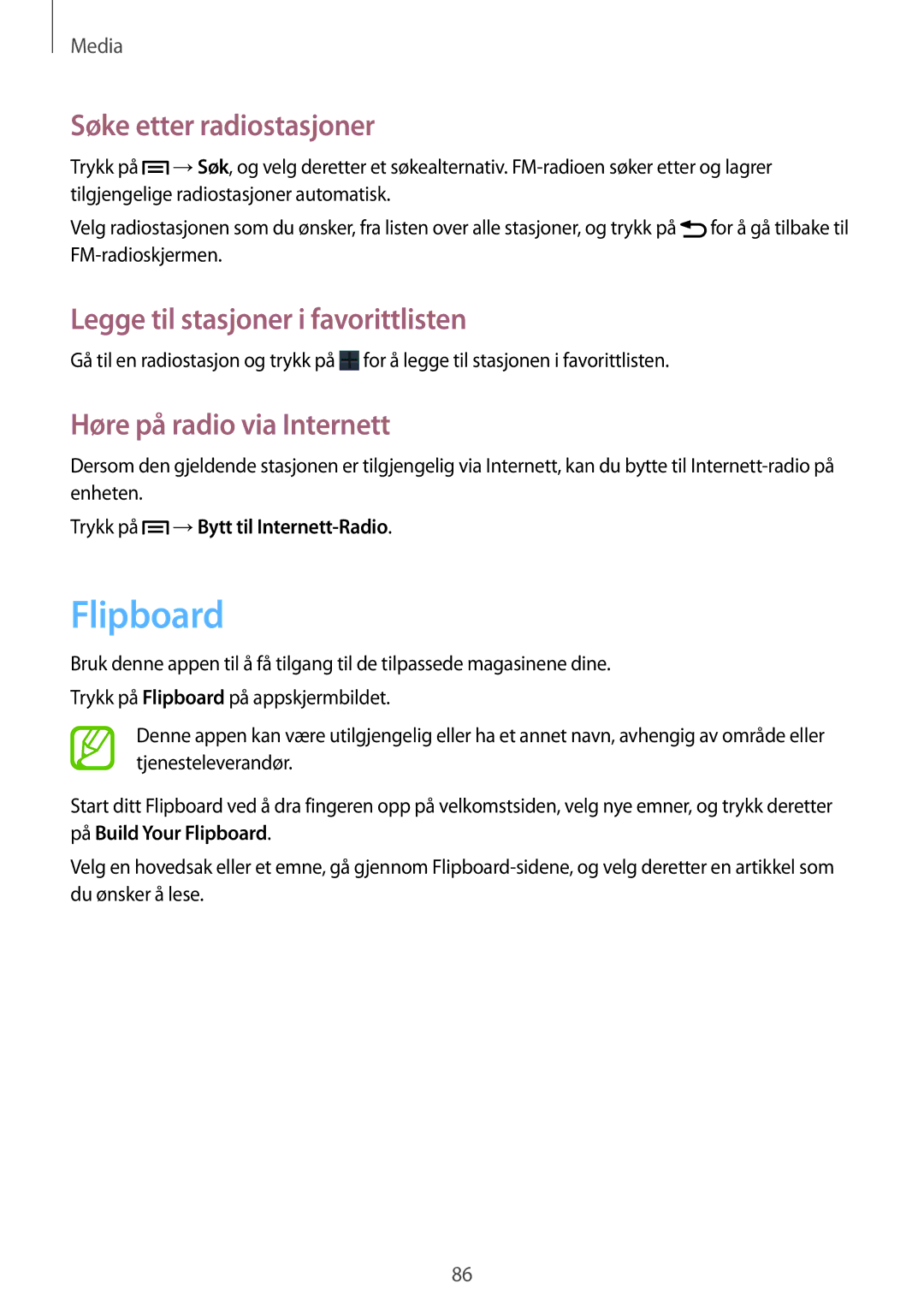 Samsung SM-G7105ZWANEE, SM-G7105ZBANEE manual Flipboard, Søke etter radiostasjoner, Legge til stasjoner i favorittlisten 