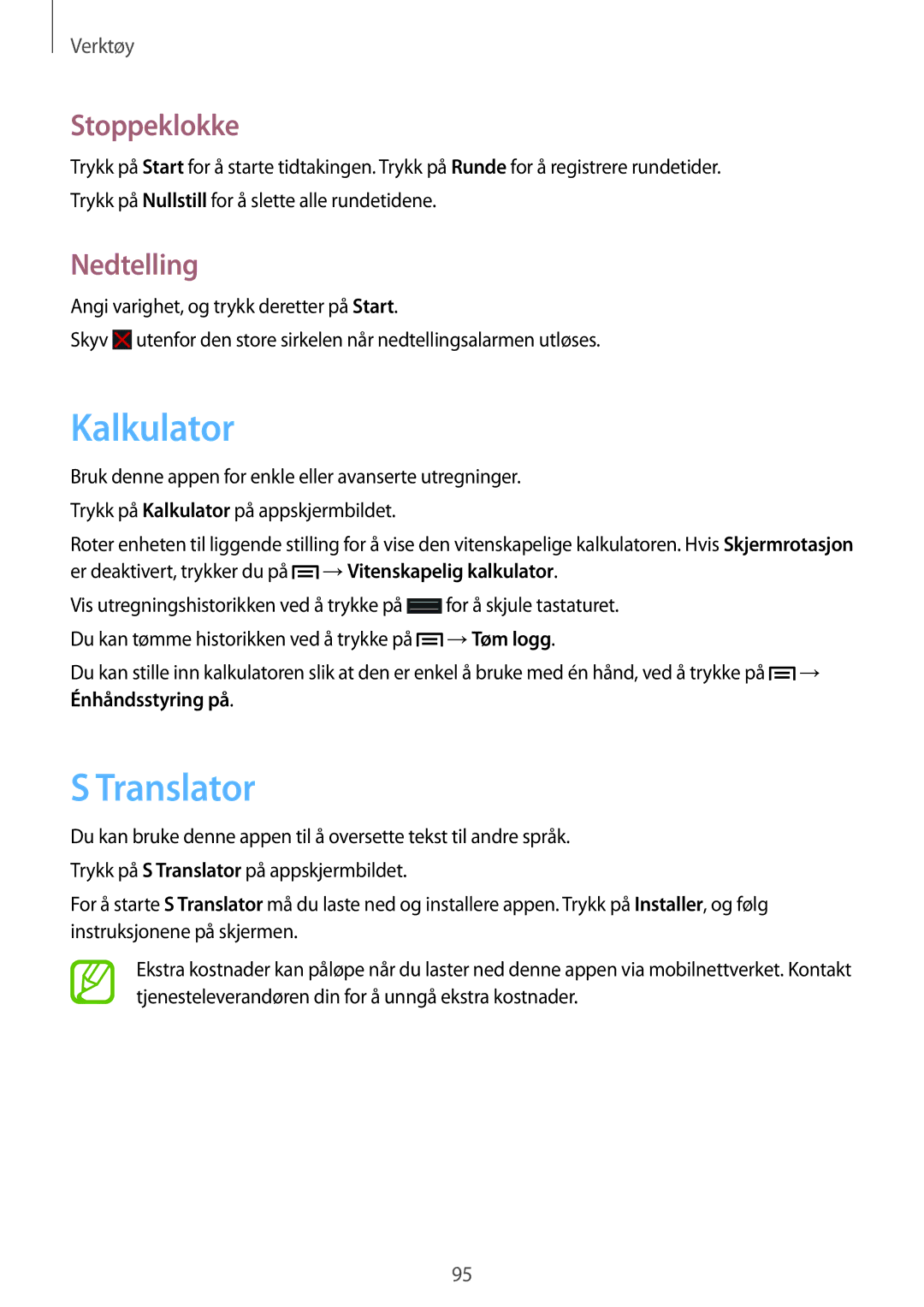 Samsung SM-G7105ZIANEE, SM-G7105ZBANEE, SM-G7105ZKANEE, SM-G7105ZWANEE manual Kalkulator, Translator, Stoppeklokke, Nedtelling 