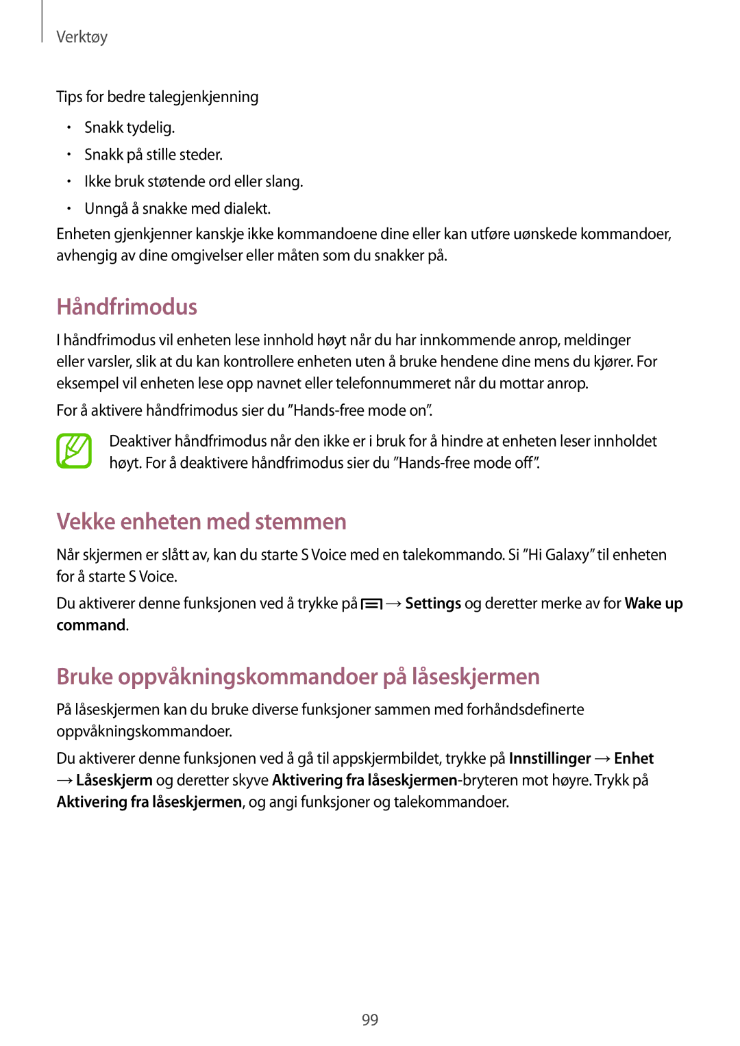 Samsung SM-G7105ZIANEE manual Håndfrimodus, Vekke enheten med stemmen, Bruke oppvåkningskommandoer på låseskjermen 