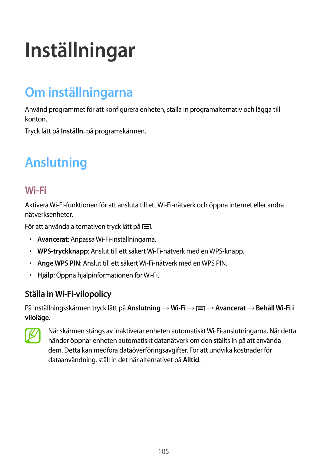 Samsung SM-G7105ZKANEE, SM-G7105ZBANEE manual Inställningar, Om inställningarna, Anslutning, Ställa in Wi-Fi-vilopolicy 