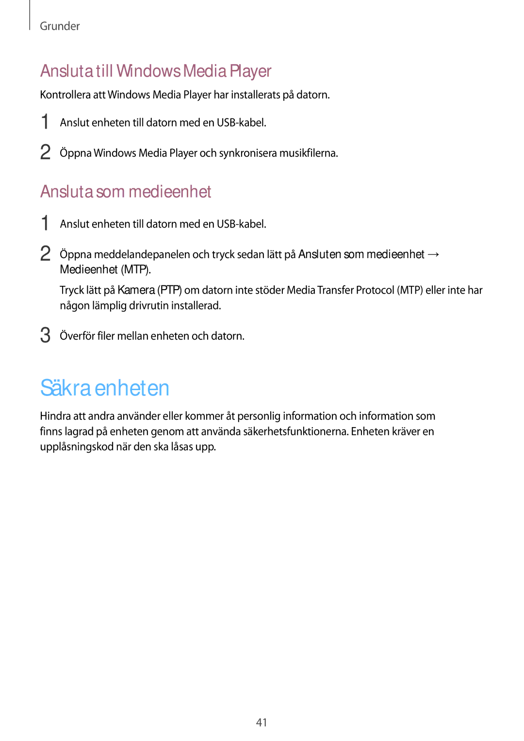 Samsung SM-G7105ZKANEE, SM-G7105ZBANEE manual Säkra enheten, Ansluta till Windows Media Player, Ansluta som medieenhet 