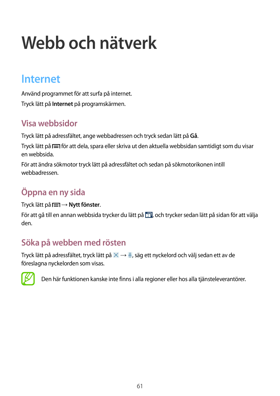 Samsung SM-G7105ZKANEE manual Webb och nätverk, Internet, Visa webbsidor, Öppna en ny sida, Söka på webben med rösten 