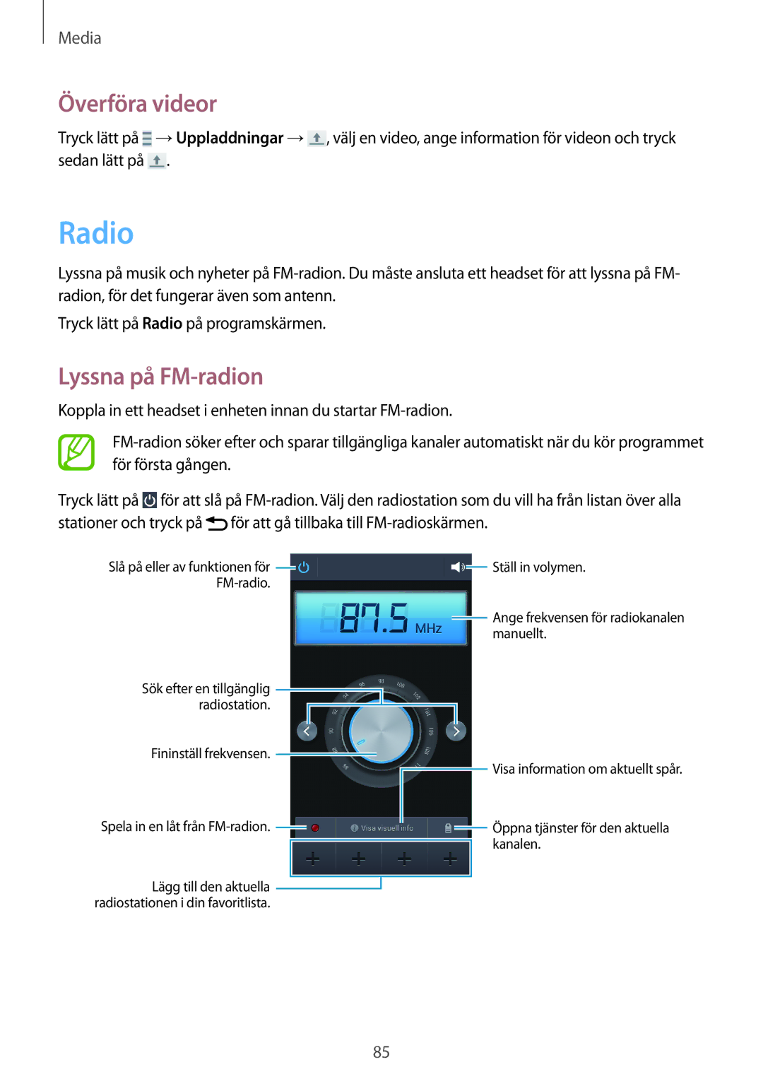 Samsung SM-G7105ZKANEE, SM-G7105ZBANEE, SM-G7105ZWANEE, SM-G7105ZIANEE manual Radio, Överföra videor, Lyssna på FM-radion 