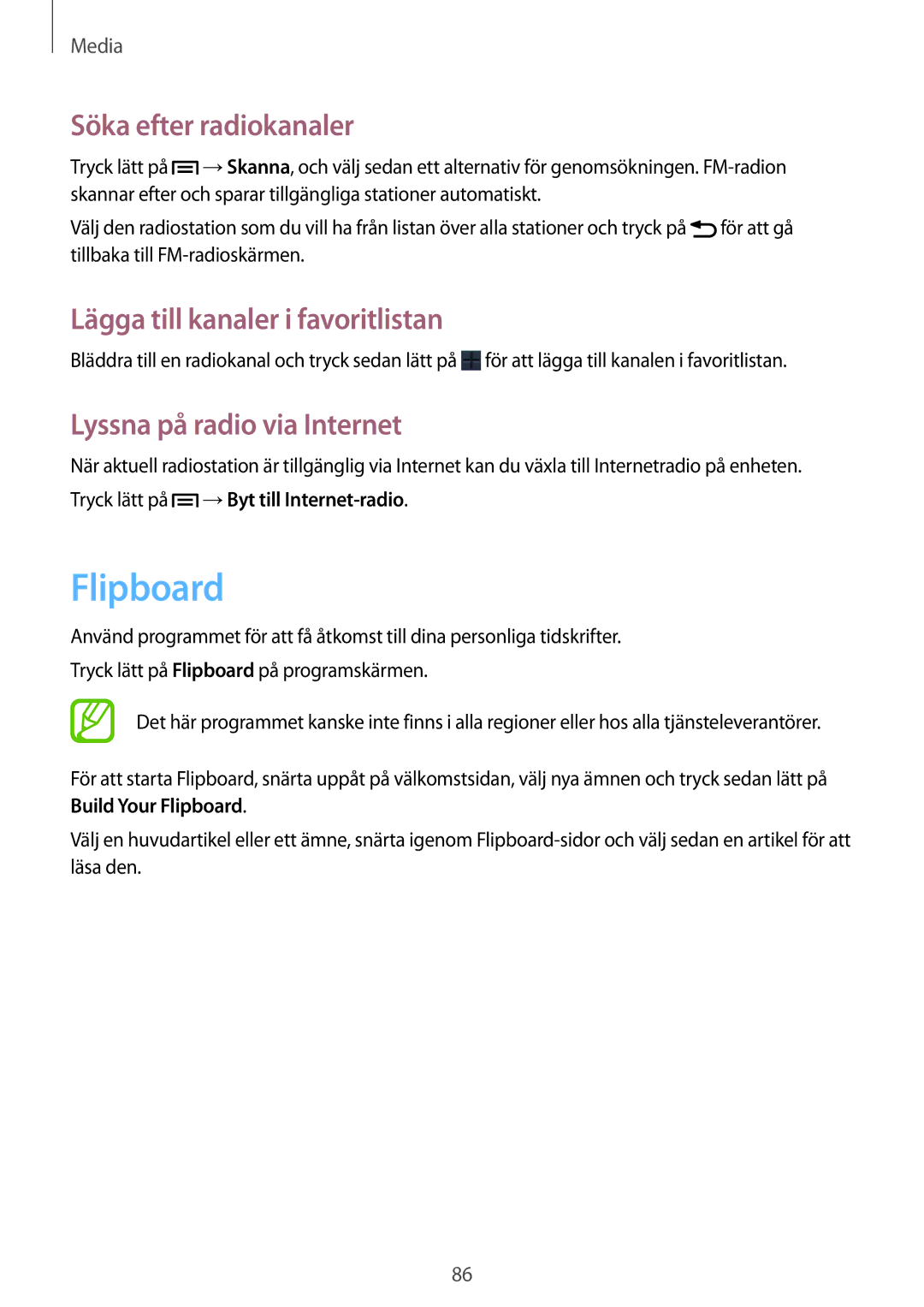 Samsung SM-G7105ZWANEE, SM-G7105ZBANEE manual Flipboard, Söka efter radiokanaler, Lägga till kanaler i favoritlistan 