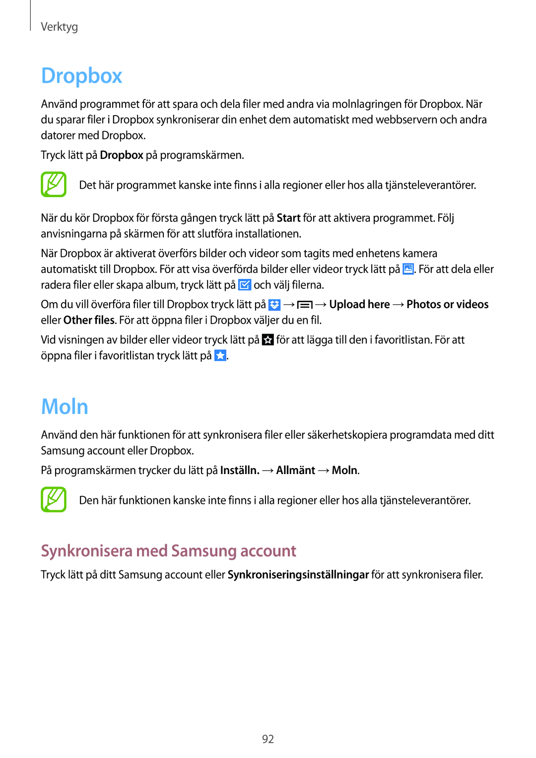 Samsung SM-G7105ZBANEE, SM-G7105ZKANEE, SM-G7105ZWANEE, SM-G7105ZIANEE manual Dropbox, Moln, Synkronisera med Samsung account 