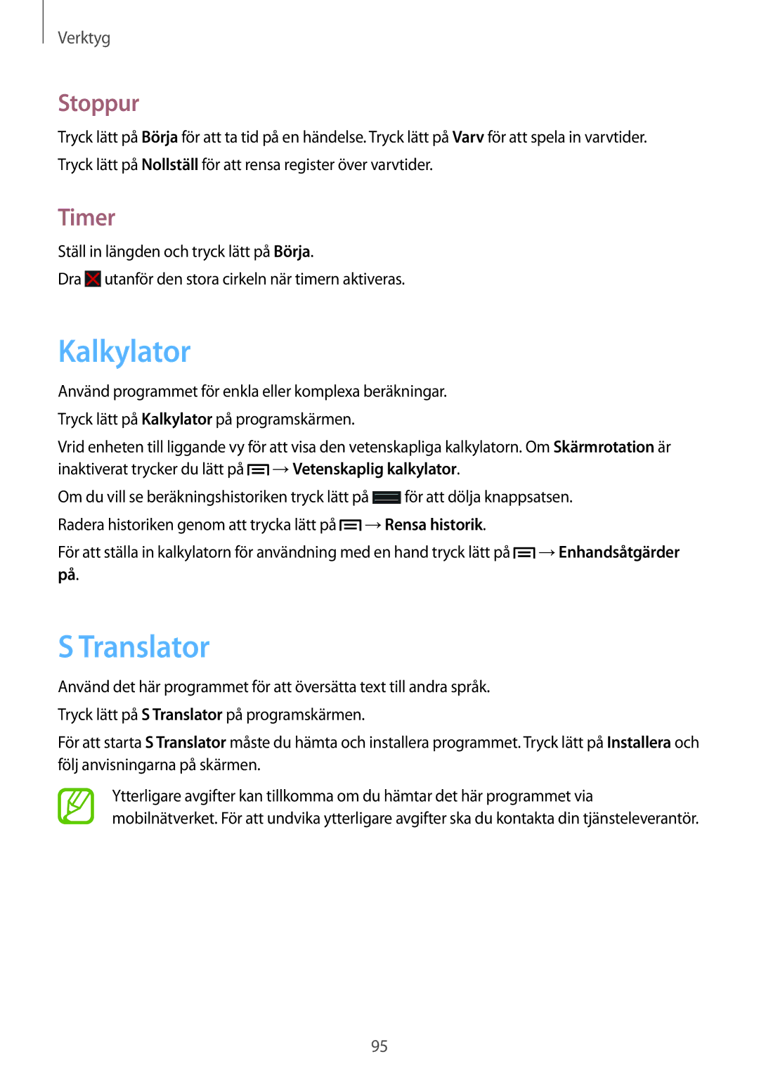 Samsung SM-G7105ZIANEE, SM-G7105ZBANEE, SM-G7105ZKANEE, SM-G7105ZWANEE manual Kalkylator, Translator, Stoppur, Timer 