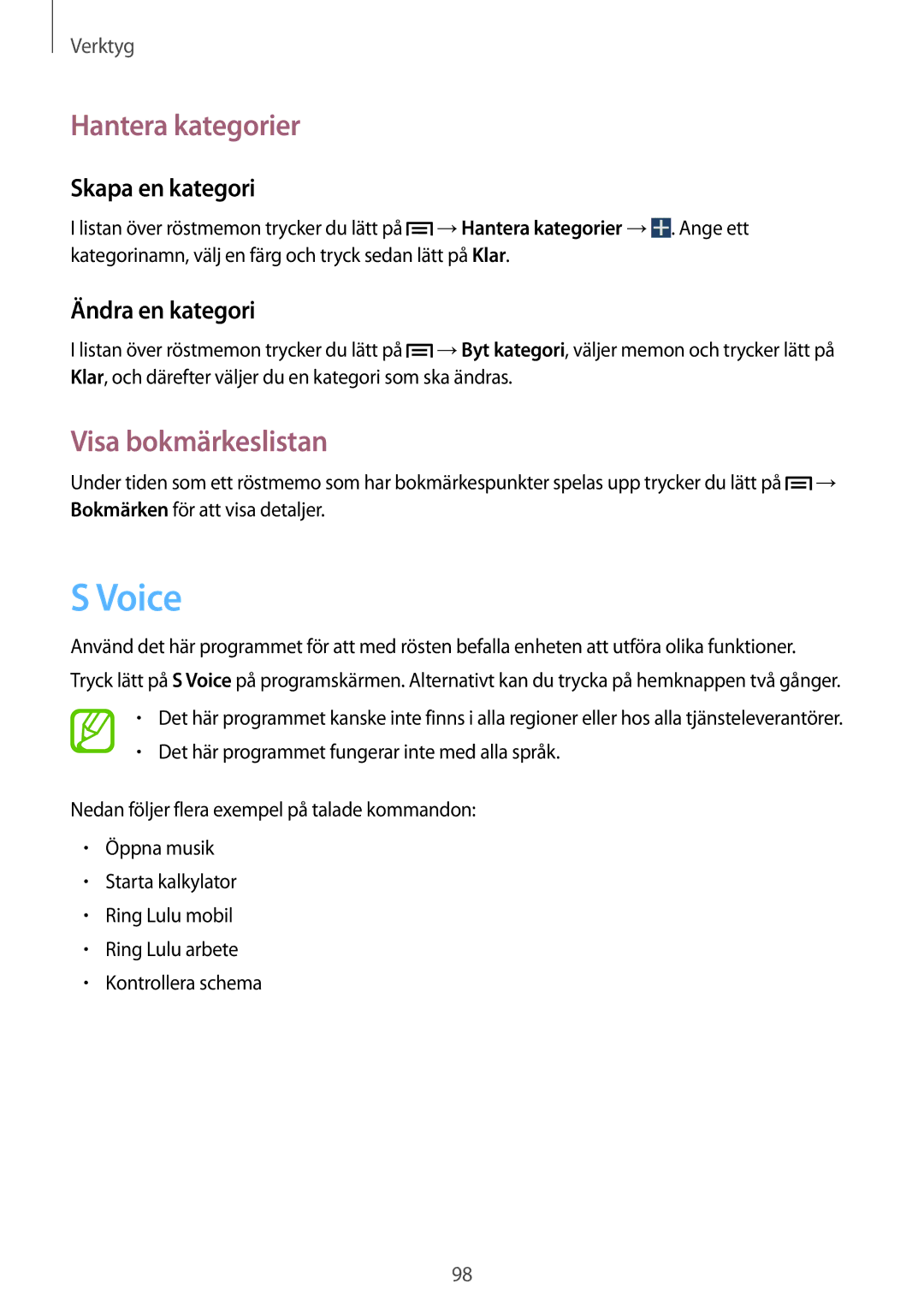 Samsung SM-G7105ZWANEE manual Voice, Hantera kategorier, Visa bokmärkeslistan, Skapa en kategori, Ändra en kategori 