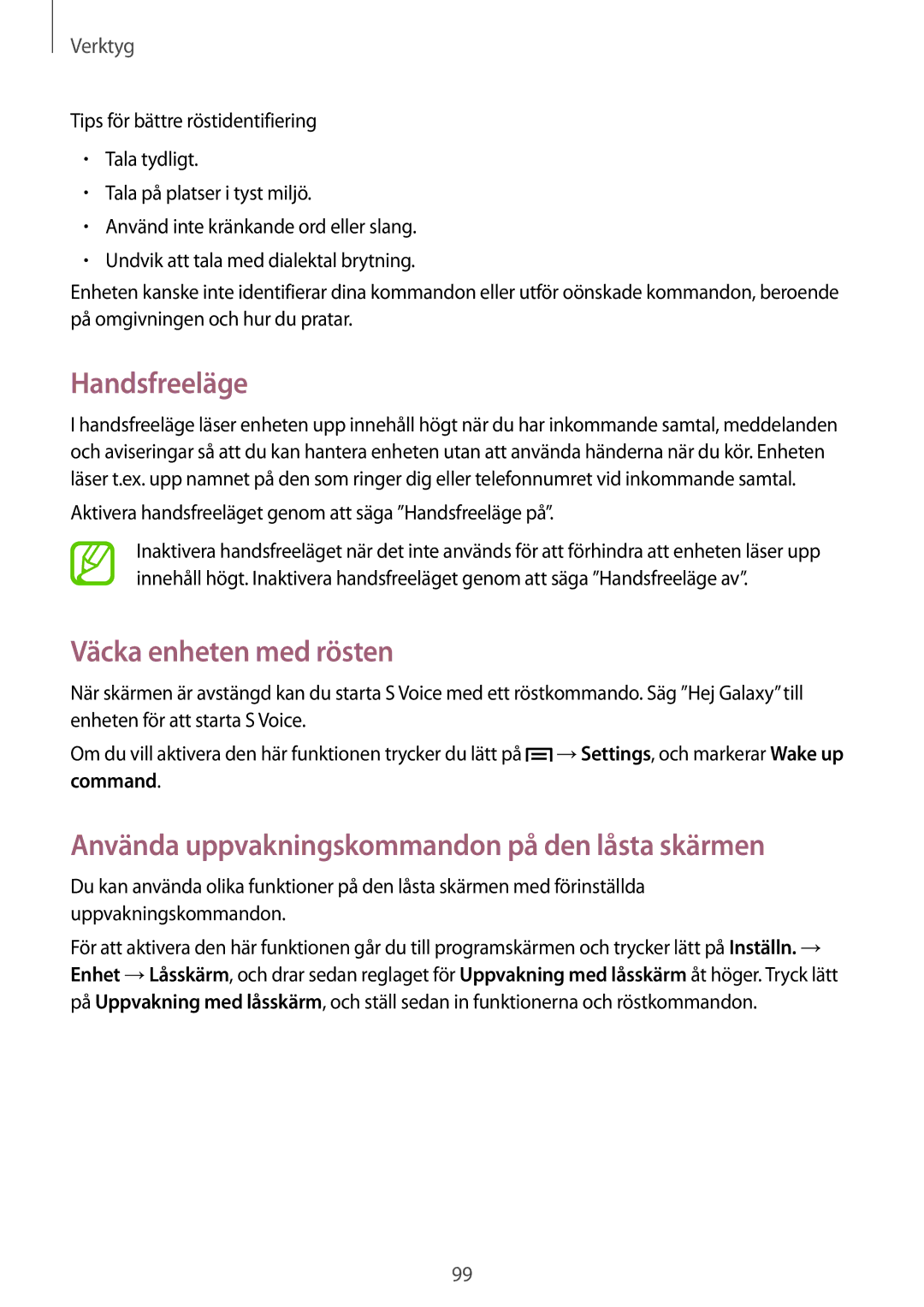 Samsung SM-G7105ZIANEE manual Handsfreeläge, Väcka enheten med rösten, Använda uppvakningskommandon på den låsta skärmen 