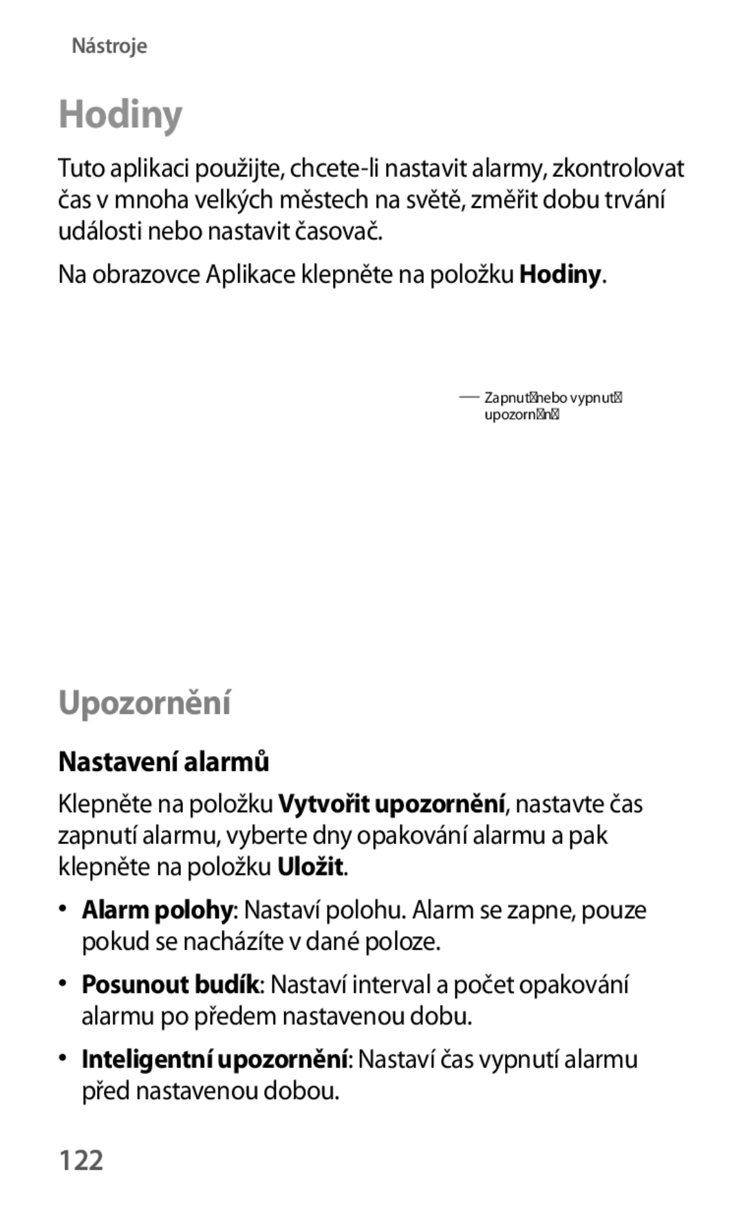 Samsung SM-G7105ZKAPLS manual Upozornění, Nastavení alarmů, 122, Na obrazovce Aplikace klepněte na položku Hodiny 