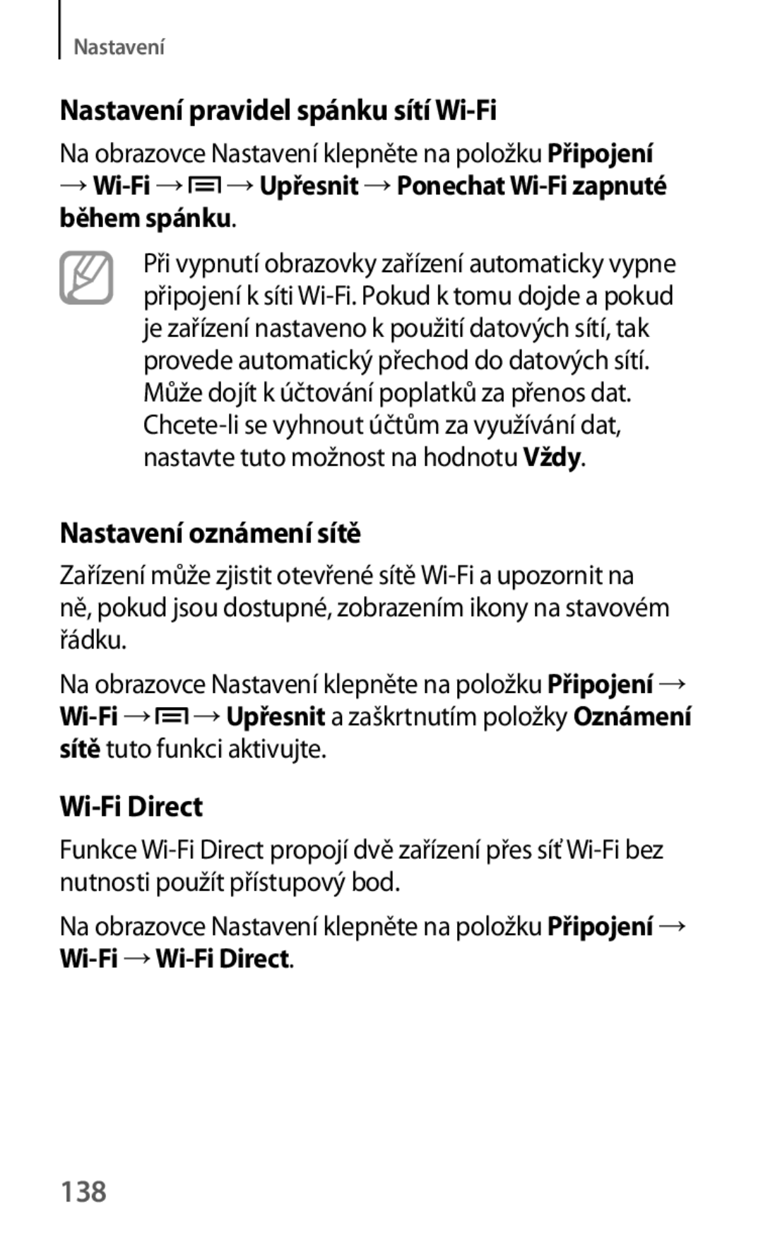 Samsung SM-G7105ZKAXEO, SM-G7105ZKAATO Nastavení pravidel spánku sítí Wi-Fi, Nastavení oznámení sítě, Wi-Fi Direct, 138 