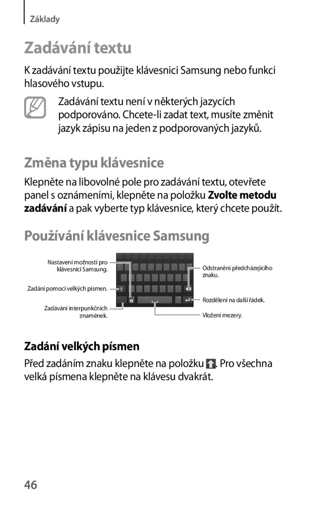 Samsung SM-G7105ZWAATO manual Zadávání textu, Změna typu klávesnice, Používání klávesnice Samsung, Zadání velkých písmen 