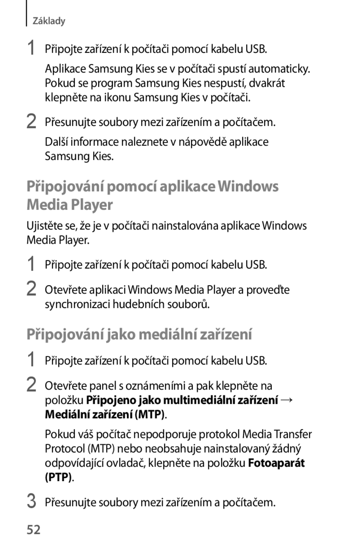 Samsung SM-G7105ZKAPLS manual Připojování pomocí aplikace Windows Media Player, Připojování jako mediální zařízení 