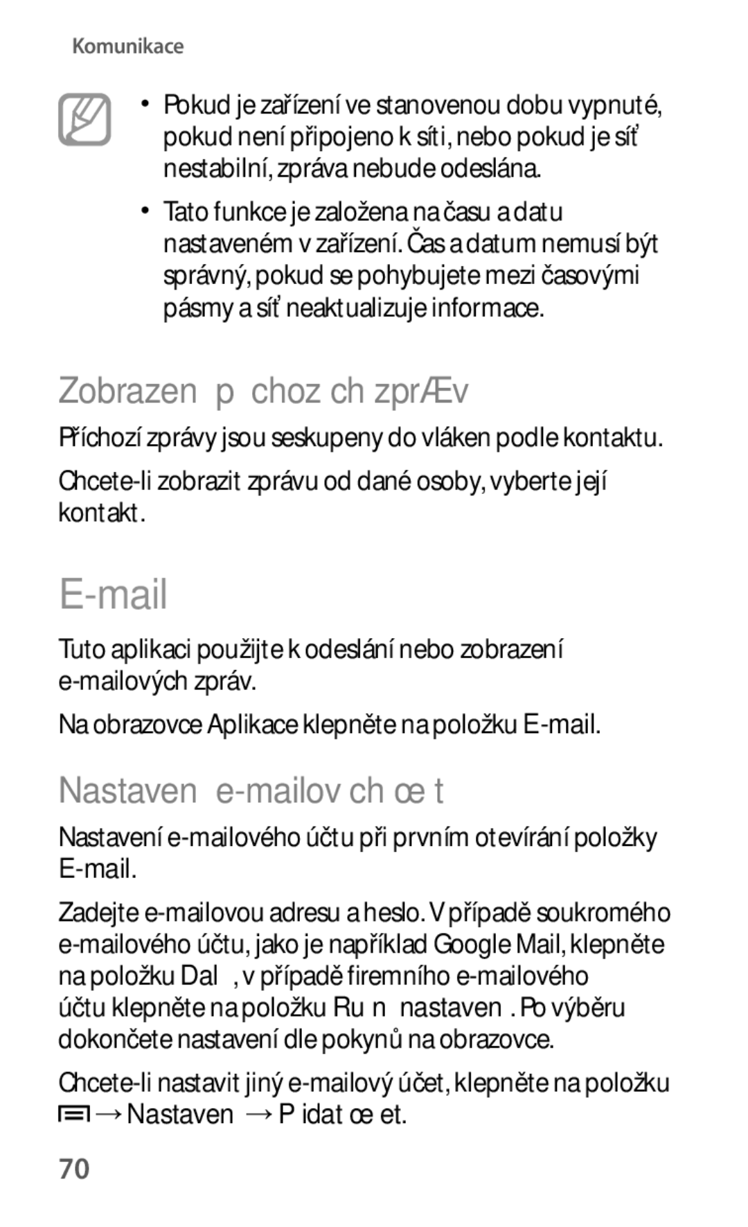 Samsung SM-G7105ZKAATO manual Mail, Zobrazení příchozích zpráv, Nastavení e-mailových účtů, →Nastavení →Přidat účet 