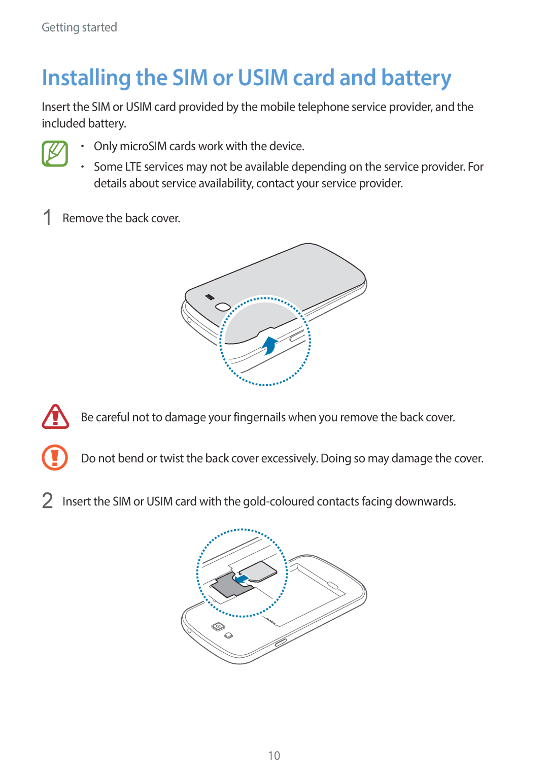 Samsung SM-G7105ZWASFR, SM-G7105ZKAATO, SM-G7105ZWAATO, SM-G7105ZKATUR manual Installing the SIM or Usim card and battery 