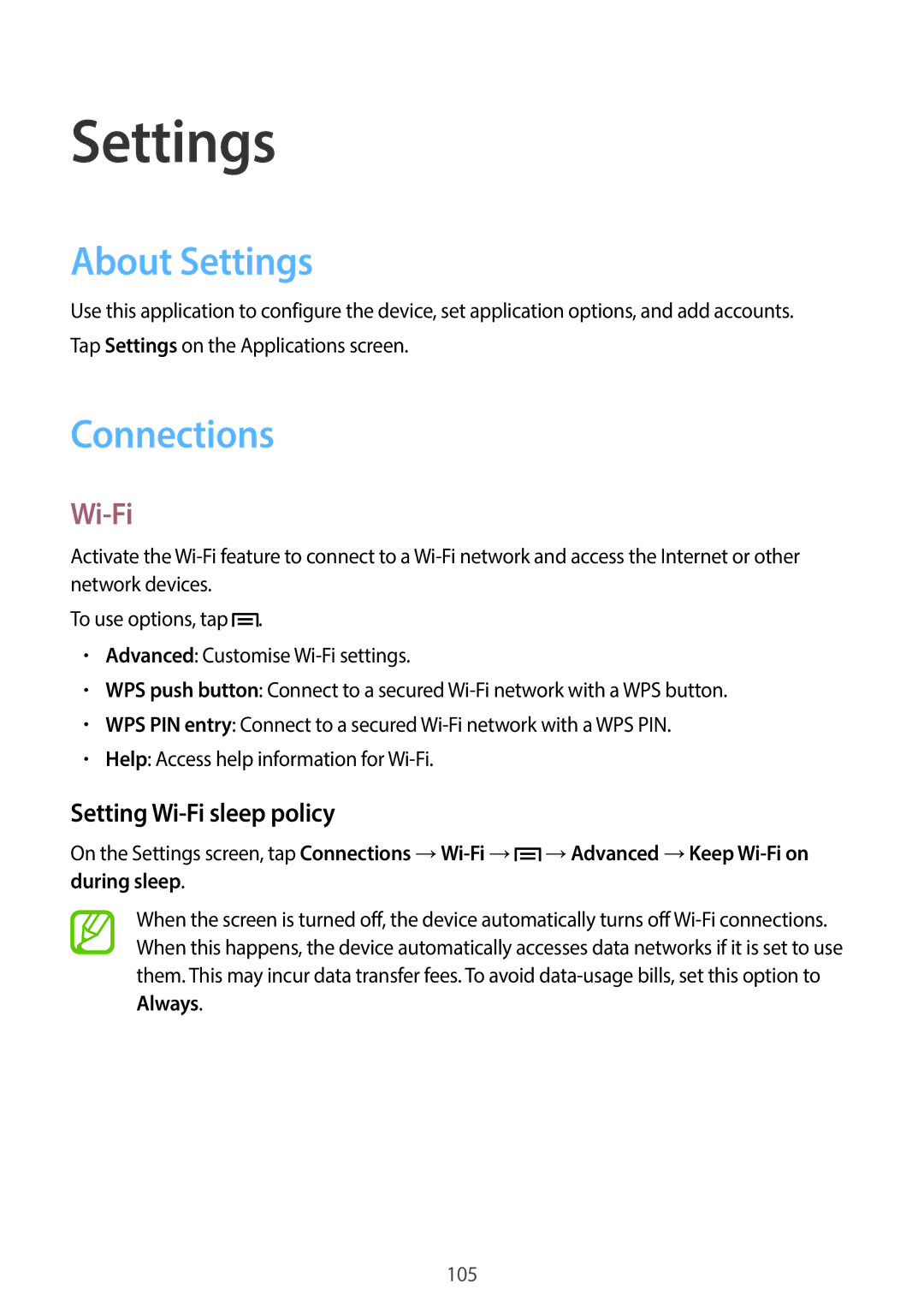 Samsung SM-G7105ZIAAMO, SM-G7105ZKAATO, SM-G7105ZWAATO manual About Settings, Connections, Setting Wi-Fi sleep policy 