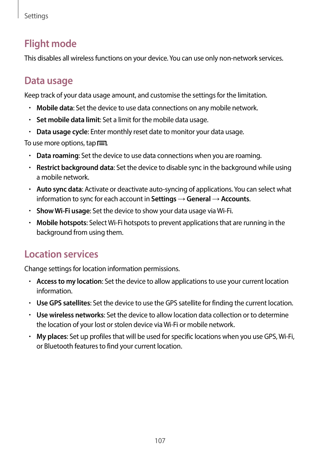 Samsung SM-G7105ZWAAMO, SM-G7105ZKAATO, SM-G7105ZWAATO, SM-G7105ZKATUR manual Flight mode, Data usage, Location services 