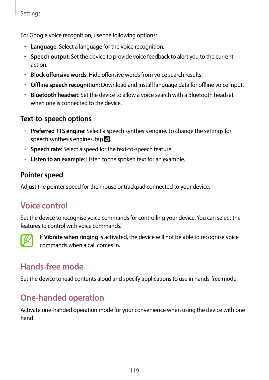 Samsung SM-G7105ZWASEB, SM-G7105ZKAATO manual Voice control, One-handed operation, Text-to-speech options, Pointer speed 