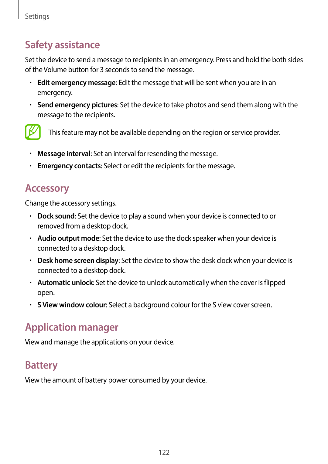 Samsung SM-G7105ZKAPTR, SM-G7105ZKAATO, SM-G7105ZWAATO manual Safety assistance, Accessory, Application manager, Battery 