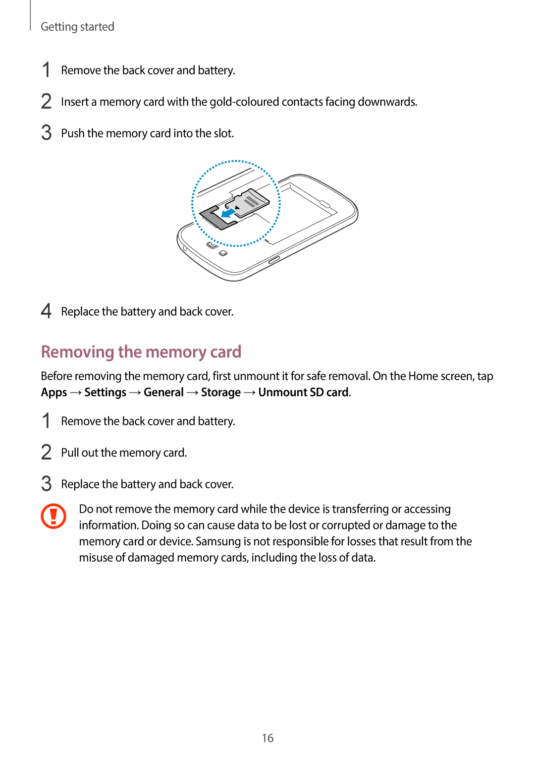 Samsung SM-G7105ZWACOA, SM-G7105ZKAATO, SM-G7105ZWAATO, SM-G7105ZKATUR, SM-G7105ZKADBT manual Removing the memory card 