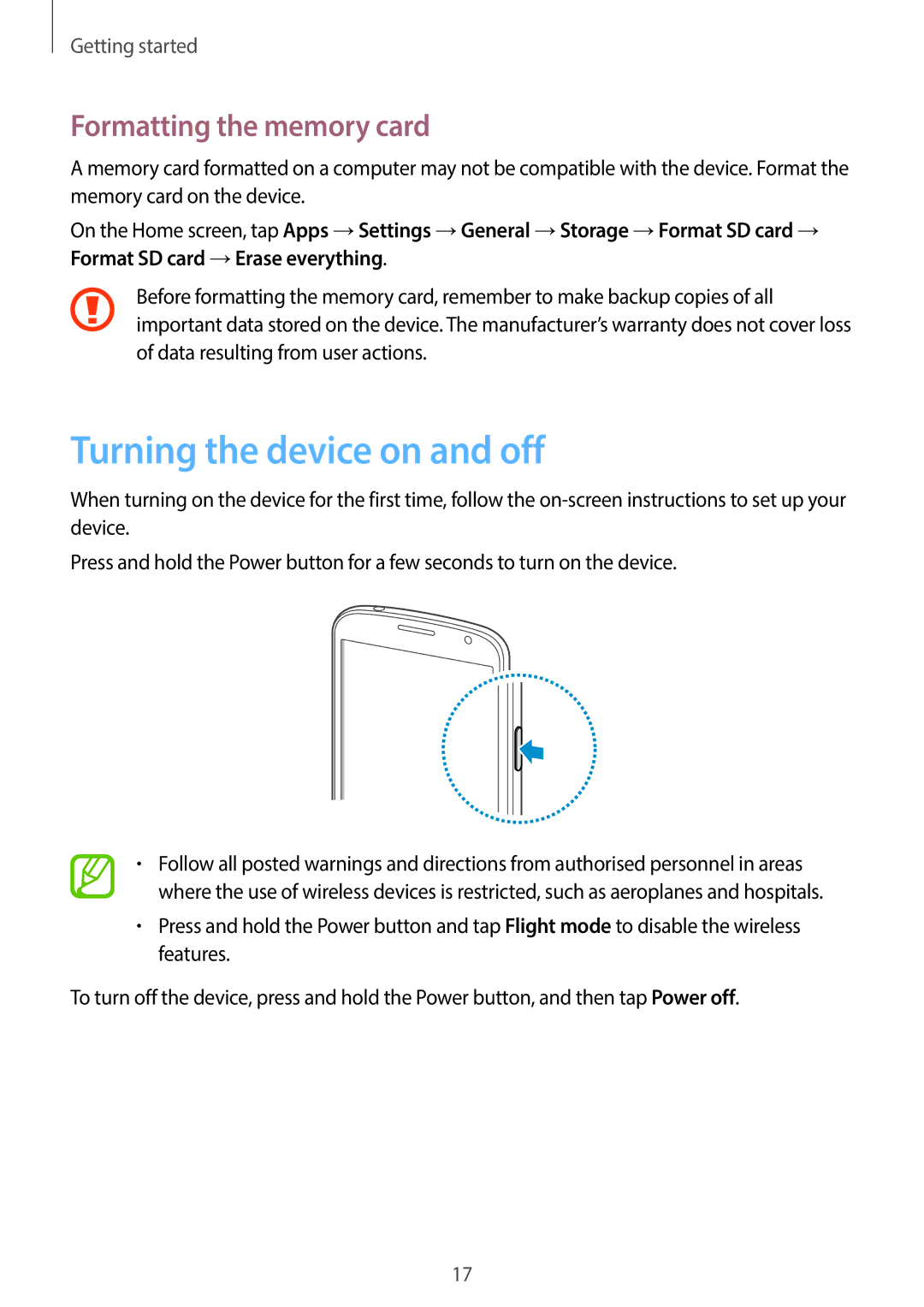 Samsung SM-G7105ZWAPHE, SM-G7105ZKAATO, SM-G7105ZWAATO manual Turning the device on and off, Formatting the memory card 