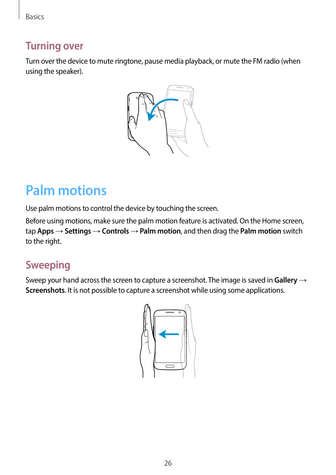 Samsung SM-G7105ZKAKSA, SM-G7105ZKAATO, SM-G7105ZWAATO, SM-G7105ZKATUR, SM-G7105ZKADBT Palm motions, Turning over, Sweeping 