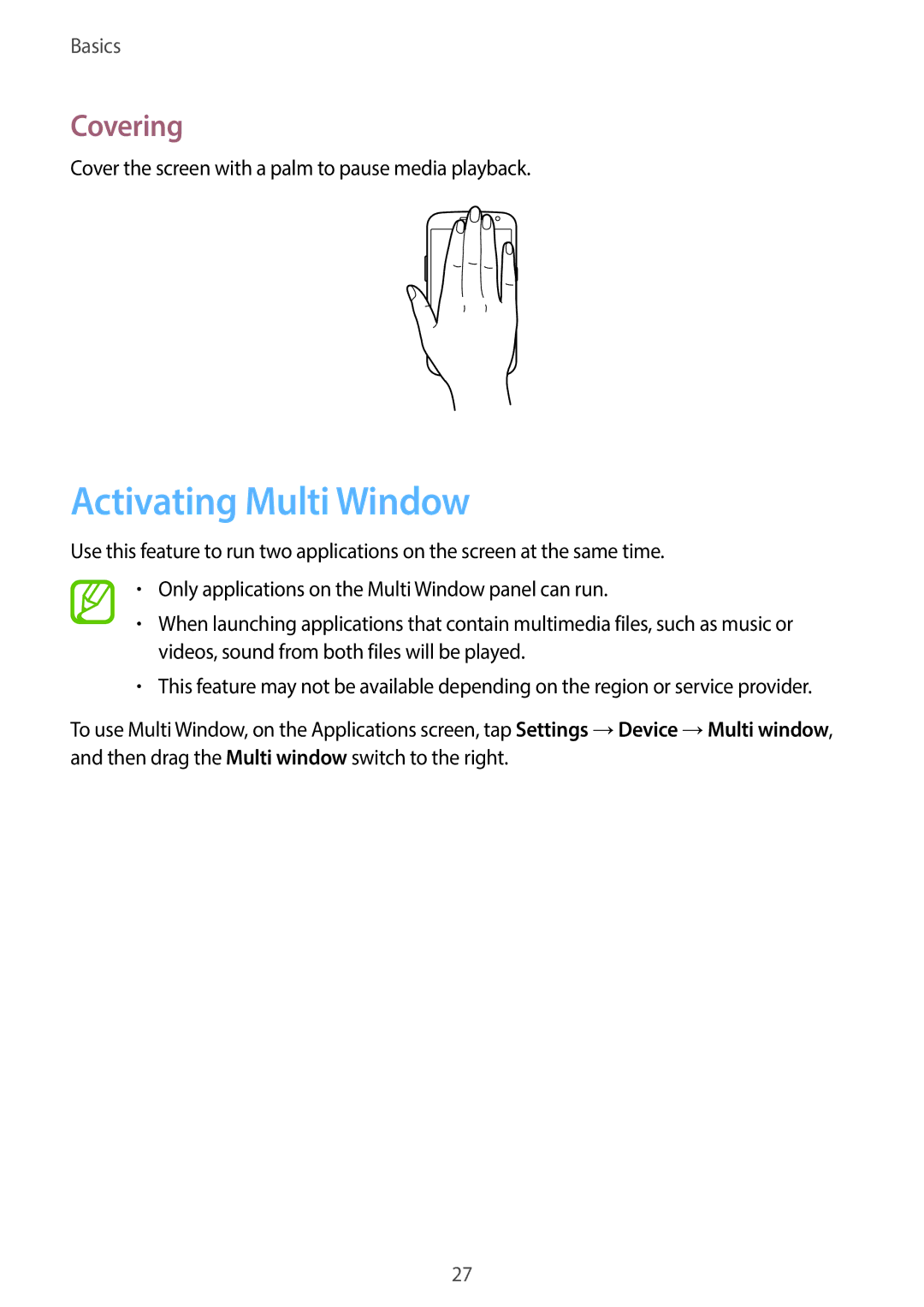 Samsung SM-G7105ZWAXSG, SM-G7105ZKAATO, SM-G7105ZWAATO, SM-G7105ZKATUR, SM-G7105ZKADBT manual Activating Multi Window, Covering 