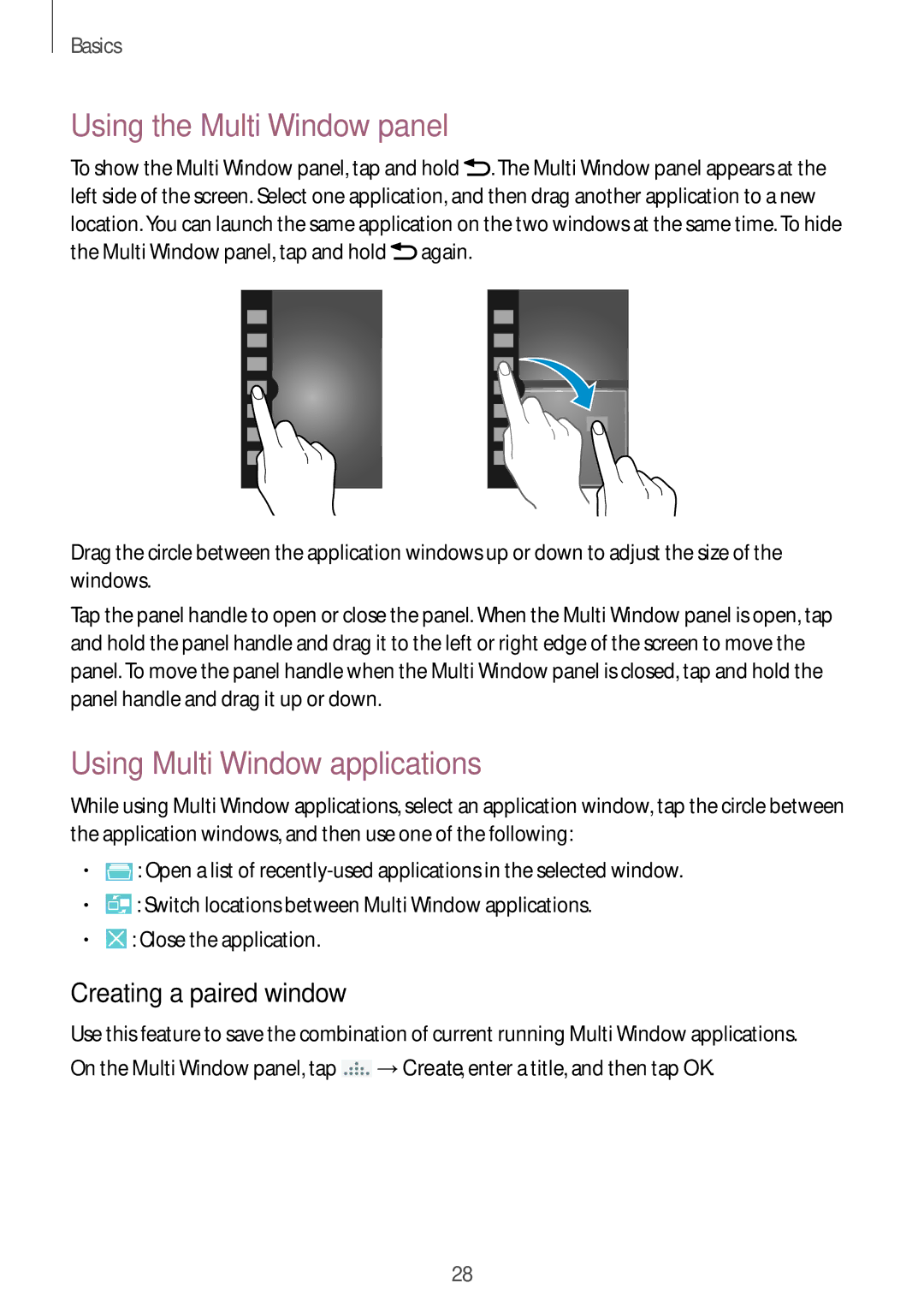 Samsung SM-G7105ZKAO2C manual Using the Multi Window panel, Using Multi Window applications, Creating a paired window 