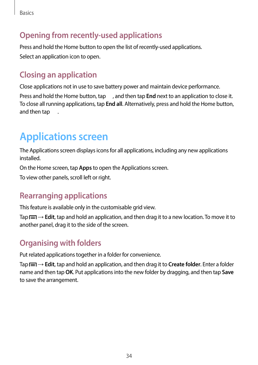 Samsung SM-G7105ZKASEB manual Applications screen, Opening from recently-used applications, Closing an application 