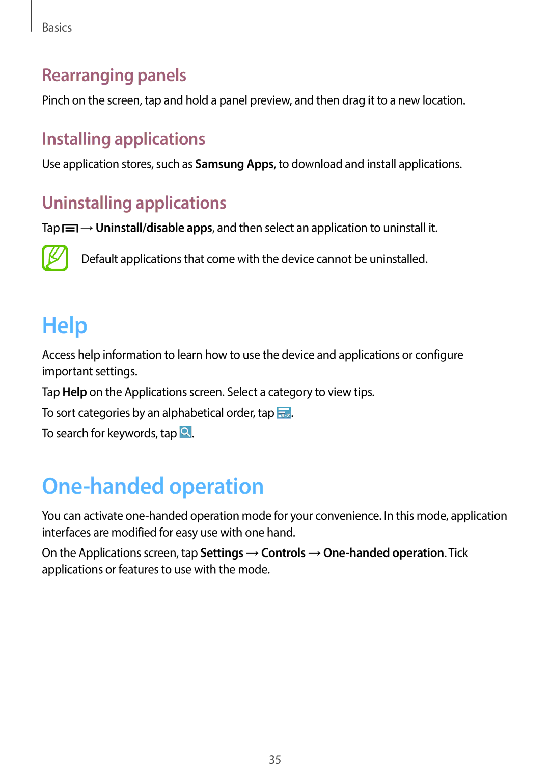 Samsung SM-G7105ZKAEUR, SM-G7105ZKAATO manual Help, One-handed operation, Installing applications, Uninstalling applications 
