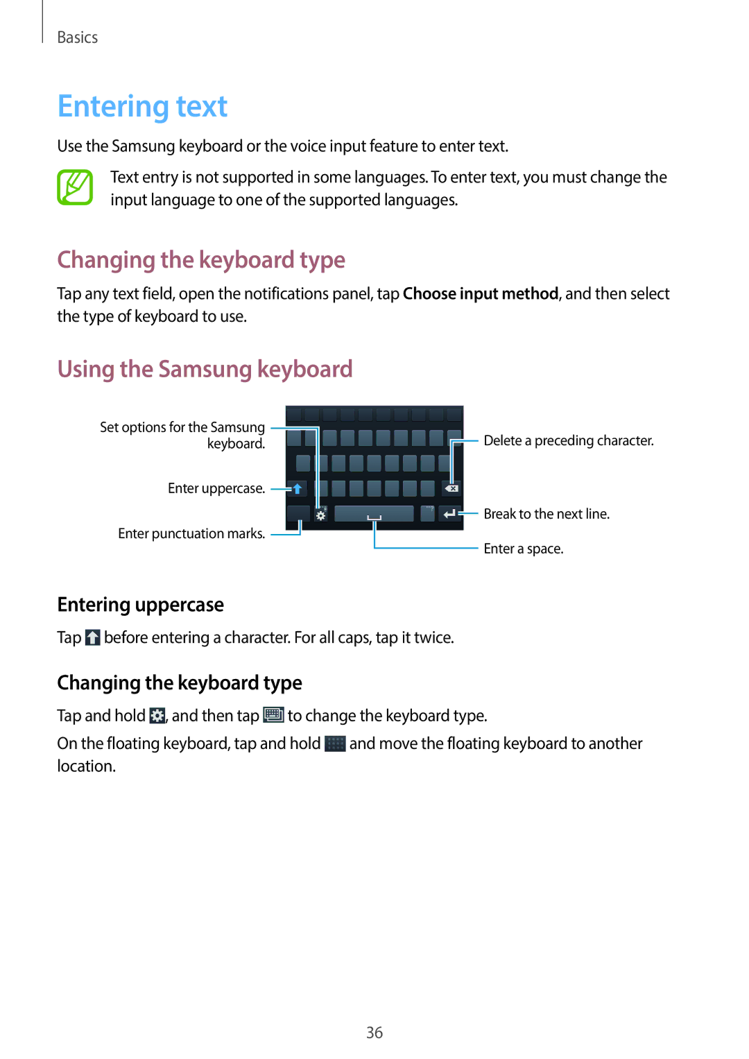 Samsung SM-G7105ZKAPTR manual Entering text, Changing the keyboard type, Using the Samsung keyboard, Entering uppercase 