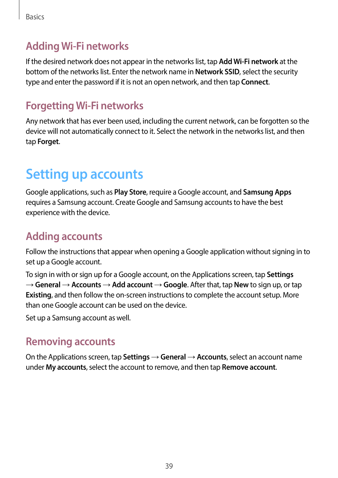 Samsung SM-G7105ZWAILO manual Setting up accounts, Adding Wi-Fi networks, Forgetting Wi-Fi networks, Adding accounts 