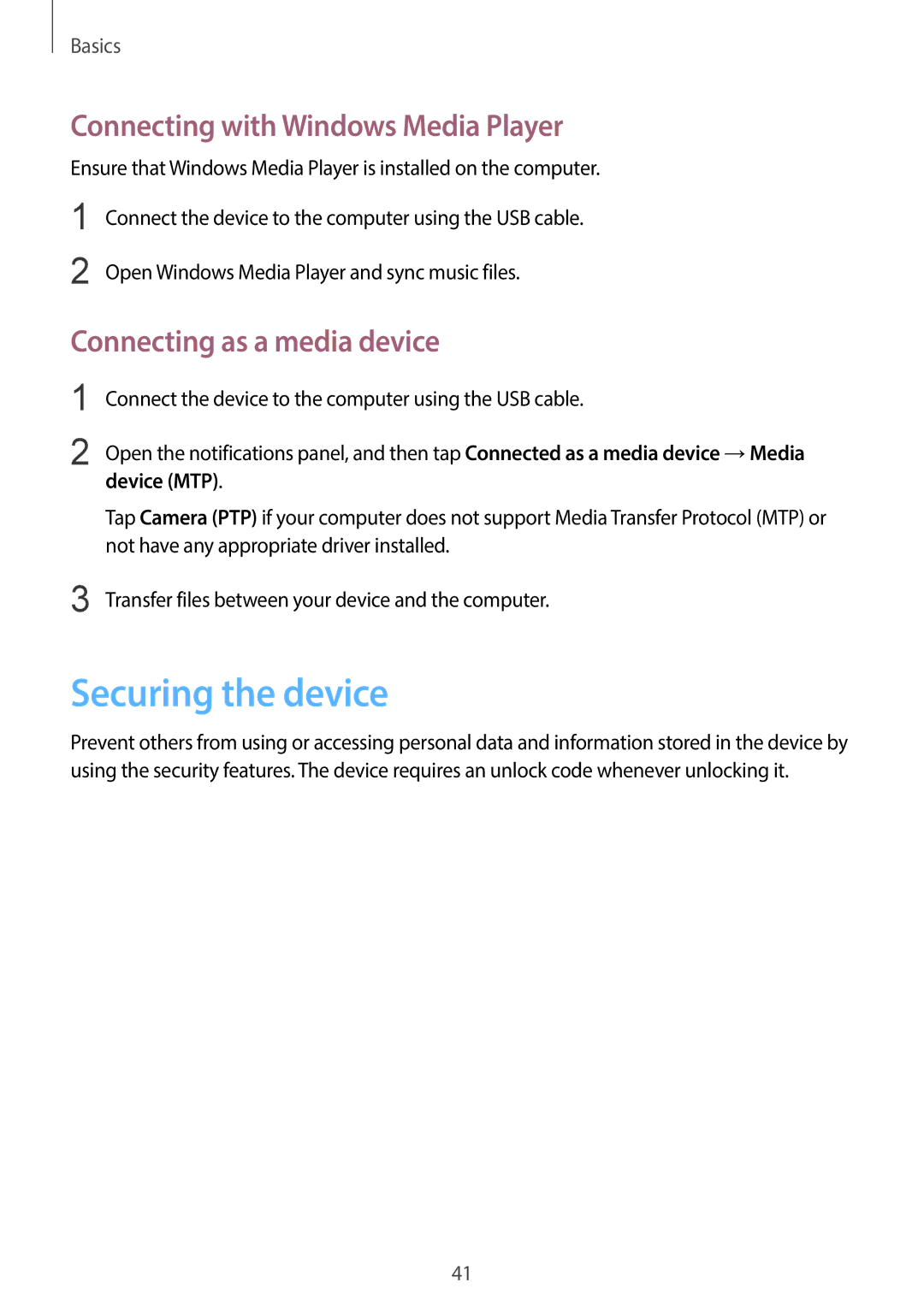 Samsung SM-G7105ZKACEL Securing the device, Connecting with Windows Media Player, Connecting as a media device, Device MTP 