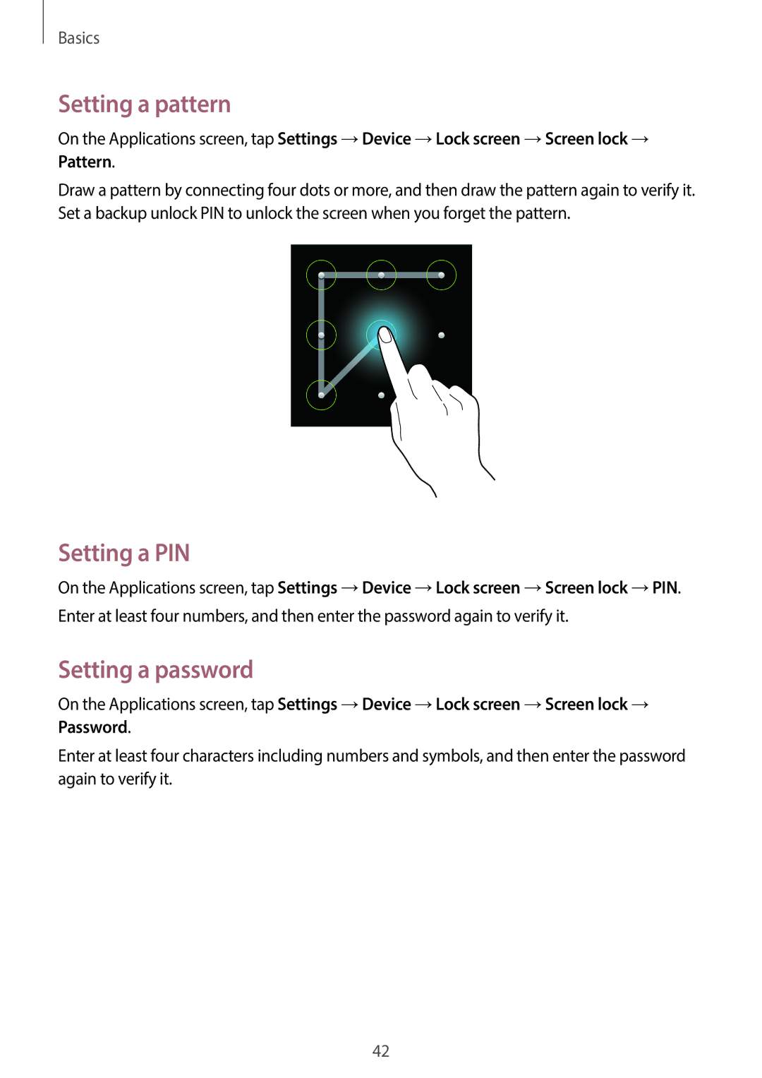 Samsung SM-G7105ZKAILO, SM-G7105ZKAATO, SM-G7105ZWAATO, SM-G7105ZKATUR Setting a pattern, Setting a PIN, Setting a password 