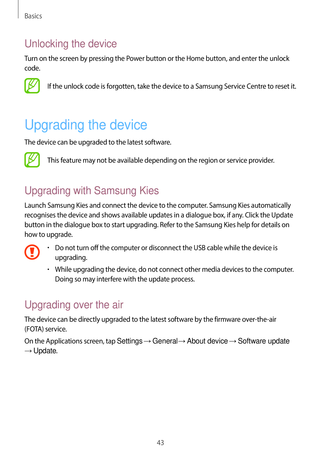 Samsung SM-G7105ZKAATO Upgrading the device, Unlocking the device, Upgrading with Samsung Kies, Upgrading over the air 