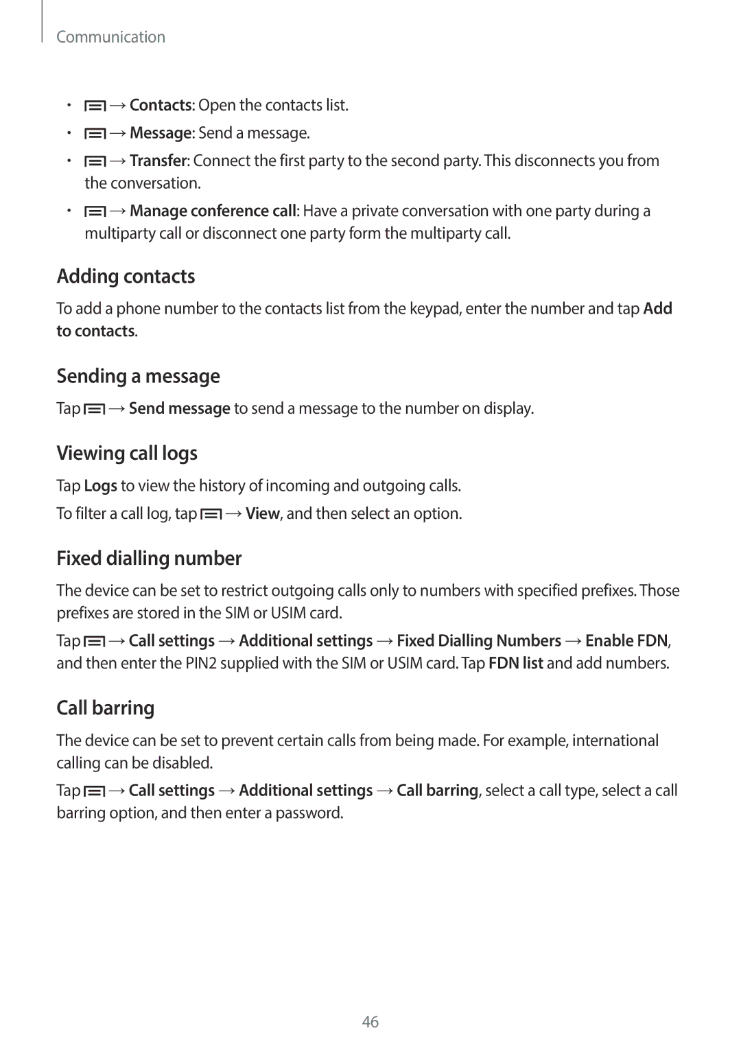 Samsung SM-G7105ZKADBT manual Adding contacts, Sending a message, Viewing call logs, Fixed dialling number, Call barring 