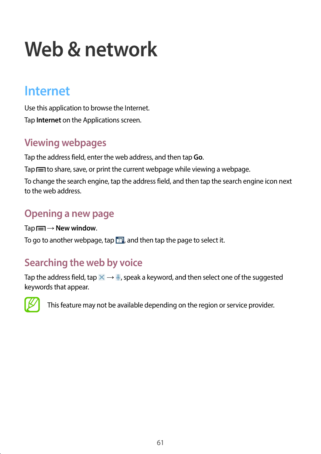 Samsung SM-G7105ZKAAMO manual Web & network, Internet, Viewing webpages, Opening a new, Searching the web by voice 