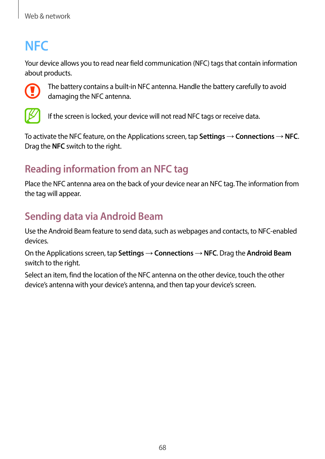 Samsung SM-G7105ZIAKSA, SM-G7105ZKAATO, SM-G7105ZWAATO Reading information from an NFC tag, Sending data via Android Beam 