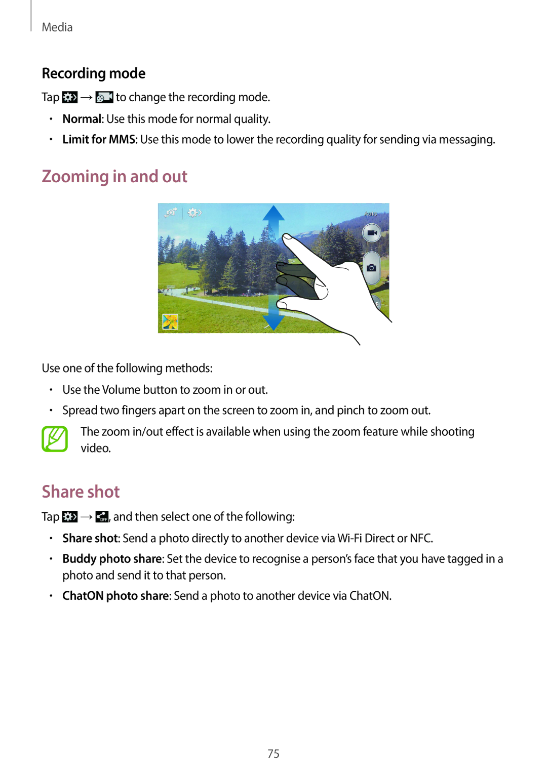 Samsung SM-G7105ZIANEE, SM-G7105ZKAATO, SM-G7105ZWAATO, SM-G7105ZKATUR manual Zooming in and out, Share shot, Recording mode 