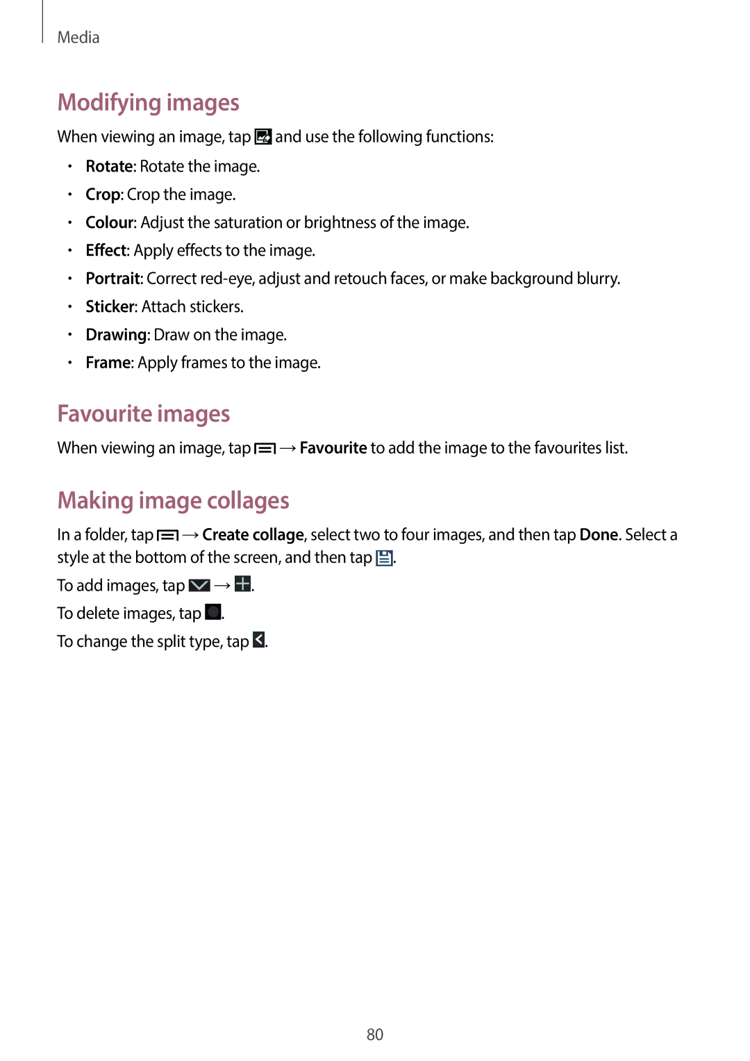 Samsung SM-G7105ZWAPCL, SM-G7105ZKAATO, SM-G7105ZWAATO manual Modifying images, Favourite images, Making image collages 