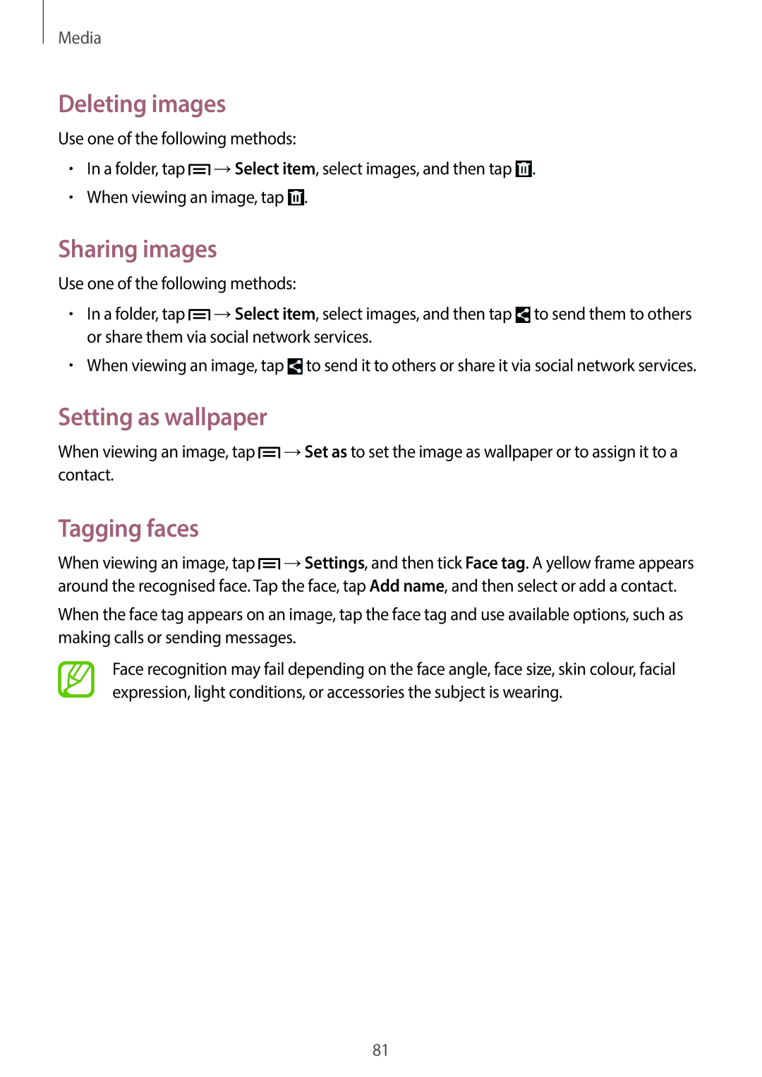 Samsung SM-G7105ZKAPCL, SM-G7105ZKAATO, SM-G7105ZWAATO Deleting images, Sharing images, Setting as wallpaper, Tagging faces 